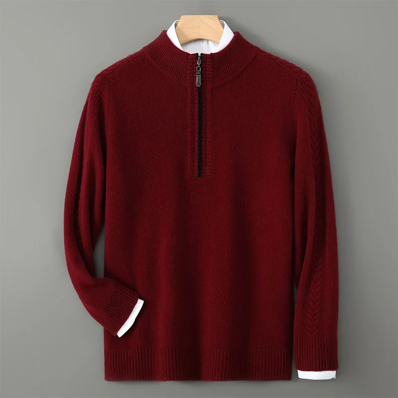 New Autumn Winter Men Pure Wool Knitted Long Sleeved Pullover Sweater Semi High Collar Thick Zipper Warmth Business Fashionable