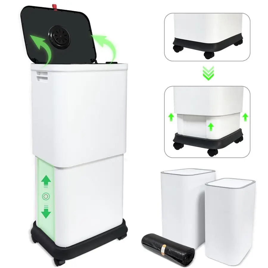 

13 Gallon Trash Can with Lid, 2545 L Altitude Variable Bin, Garbage Can with Wheels for Kitchen, Bathroom, Bedroom, Office, Two