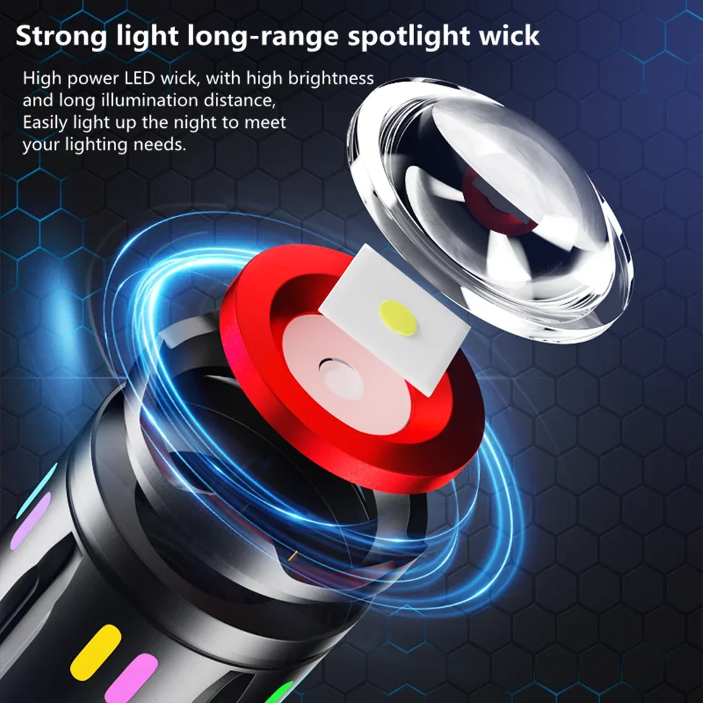 High Power Spotlight Long Range LED Flashlight With Luminous Strips Tail Glass breaker Zoomable Torch For Camping Emergency