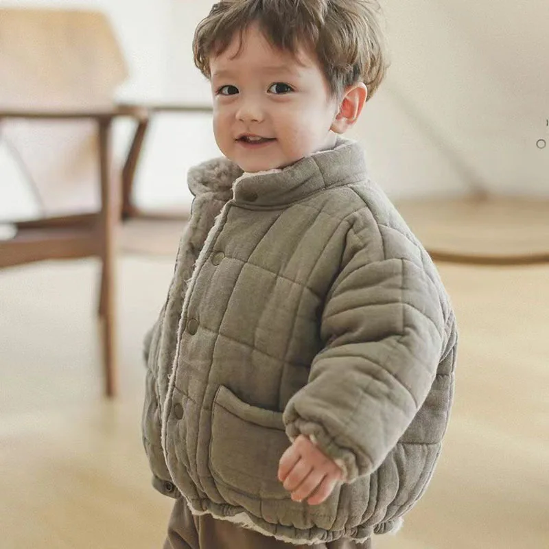 WOOFOO Korean Style Unisex Baby Winter Jacket Fleece Lined Thick Cotton Simple High Collar Bread Coat for Boys And Girls