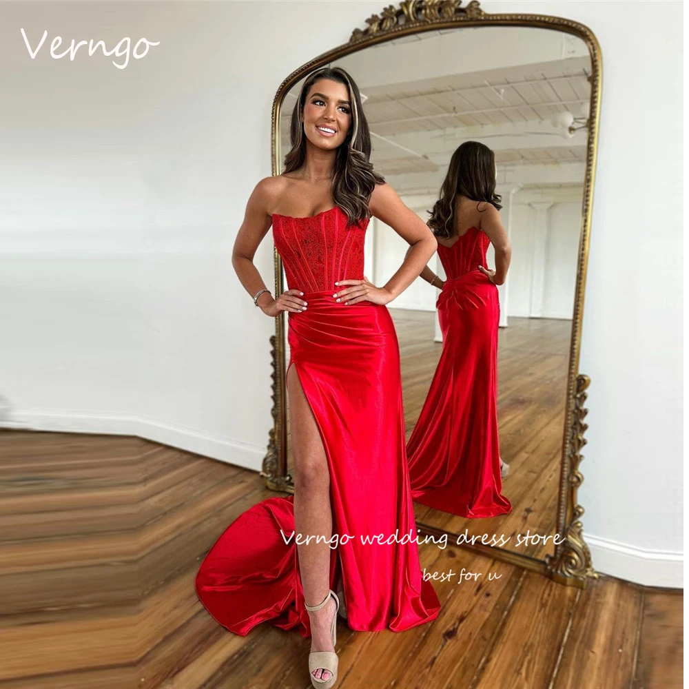 

Verng Red Sexy Strapless Split Mermaid Evening Dresses Lace Satin African Women Blue Party Prom Gowns Long Formal Occasion Dress