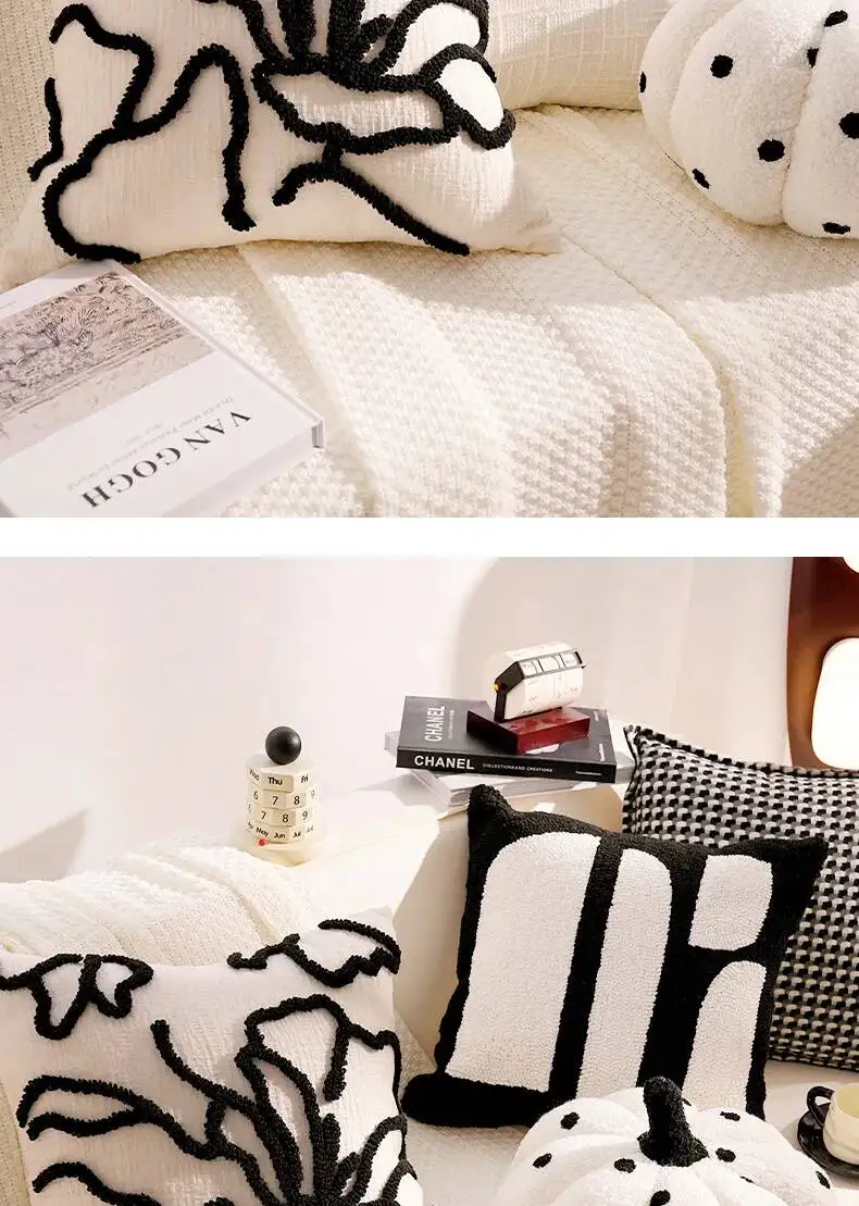 Luxuriöser französischer Stil Schwarz-Weiß Dekokissenbezug Chenille Boho Weiche Moderne Kissenhüllen für Sofa- und Bettdekoration – Detail 13