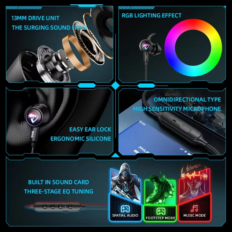 PIVA 1.2M كابل Type-C Interface RGB تأثير الإضاءة المدمج في كارت الصوت مع هيئة التصنيع العسكري داخل الأذن السلكية Esports سماعة الألعاب
