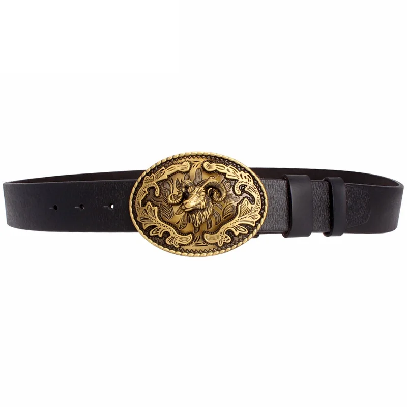 Fashion Belt Sheep Argali Golden Ram Head Buckle Cowskin Leather Goat Pattern Heavy Metal Rock Style Accessories