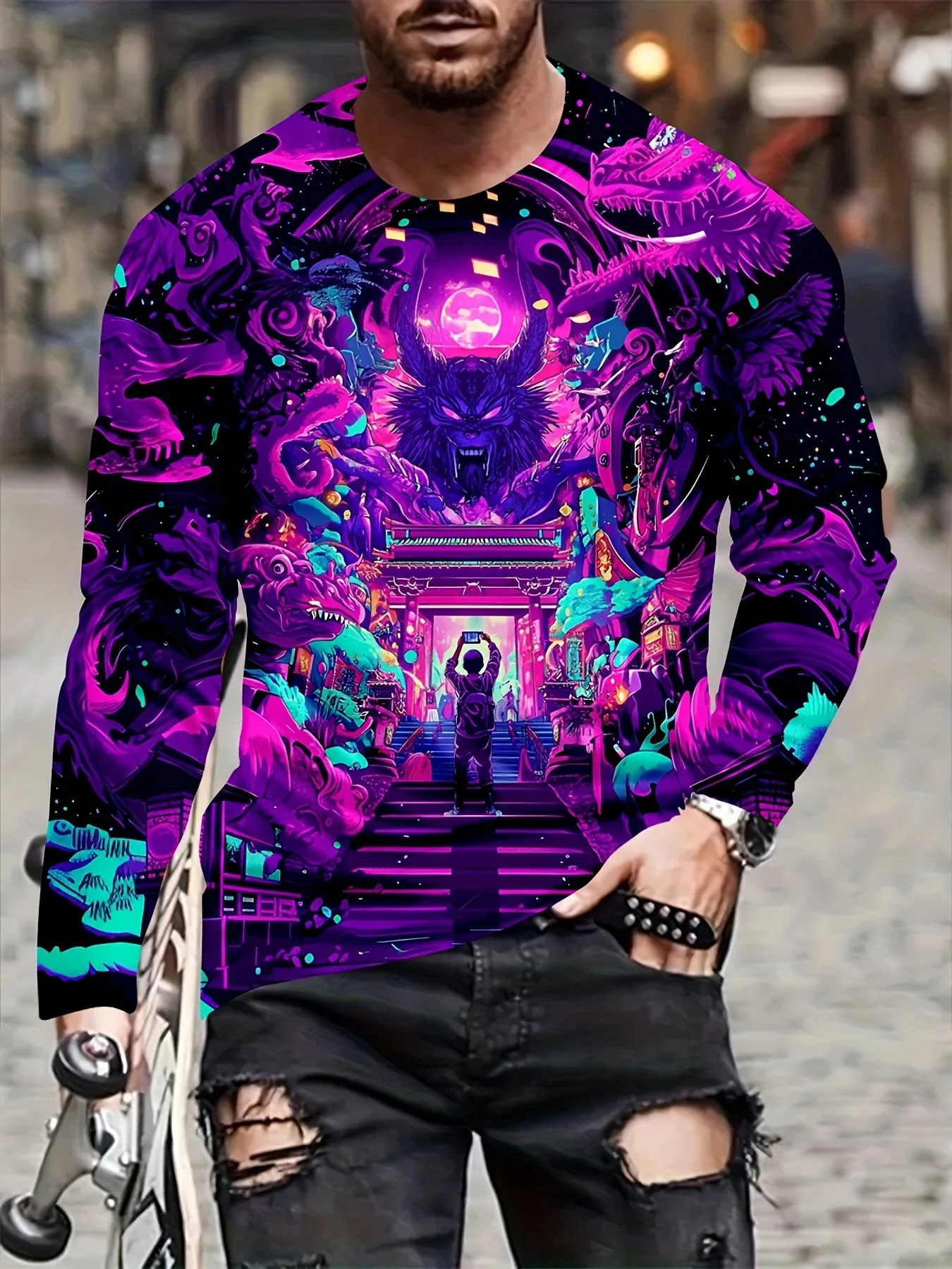 

Men's Casual Graphic Print Long Sleeve T-Shirt - Bold Red & Black Contrast Design, Mid-Stretch Fabricr。