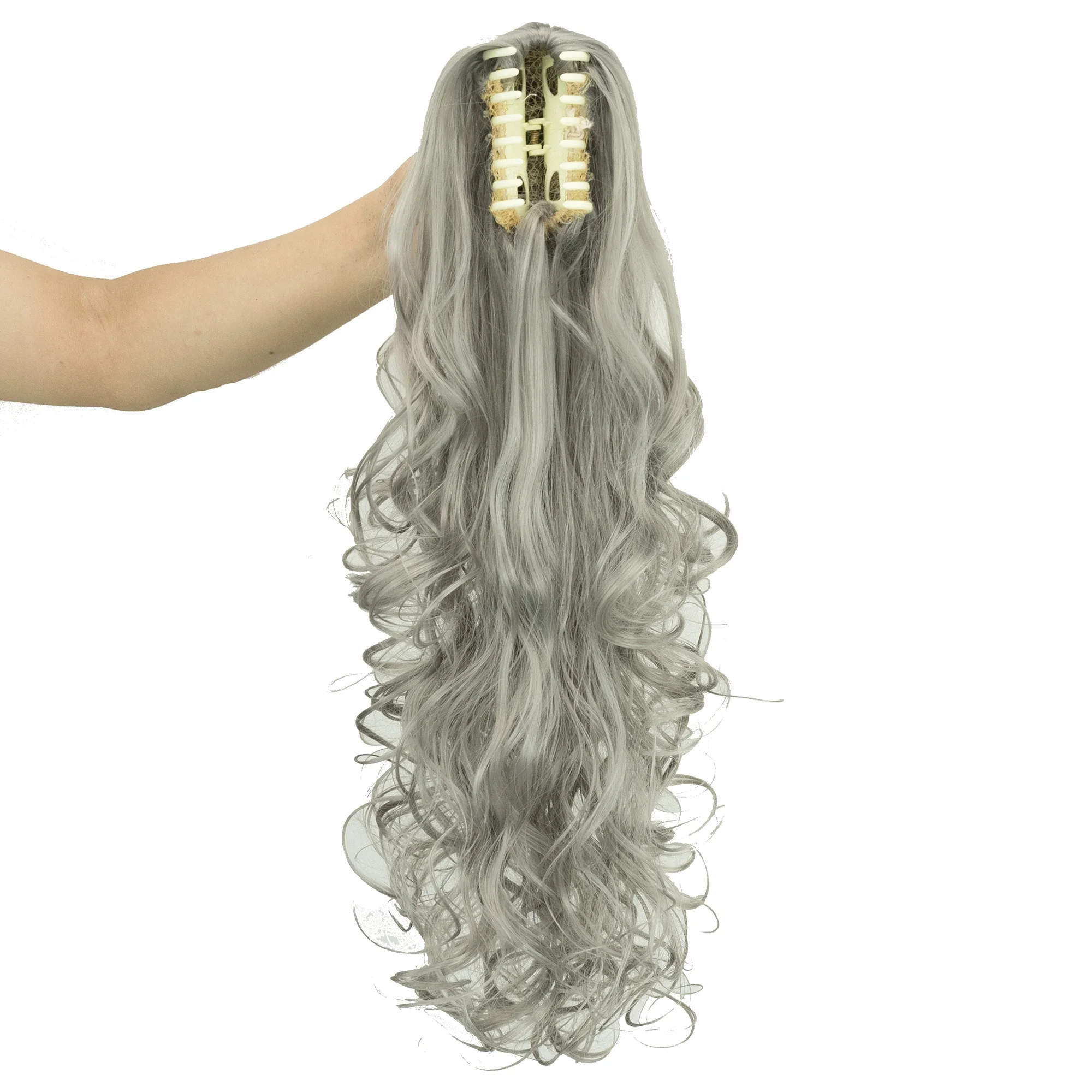 Soowee 24inch Long Gray Wavy Clip on Hairpiece Extensions Pony Tail High Temperature Fiber Synthetic Hair Claw Ponytails