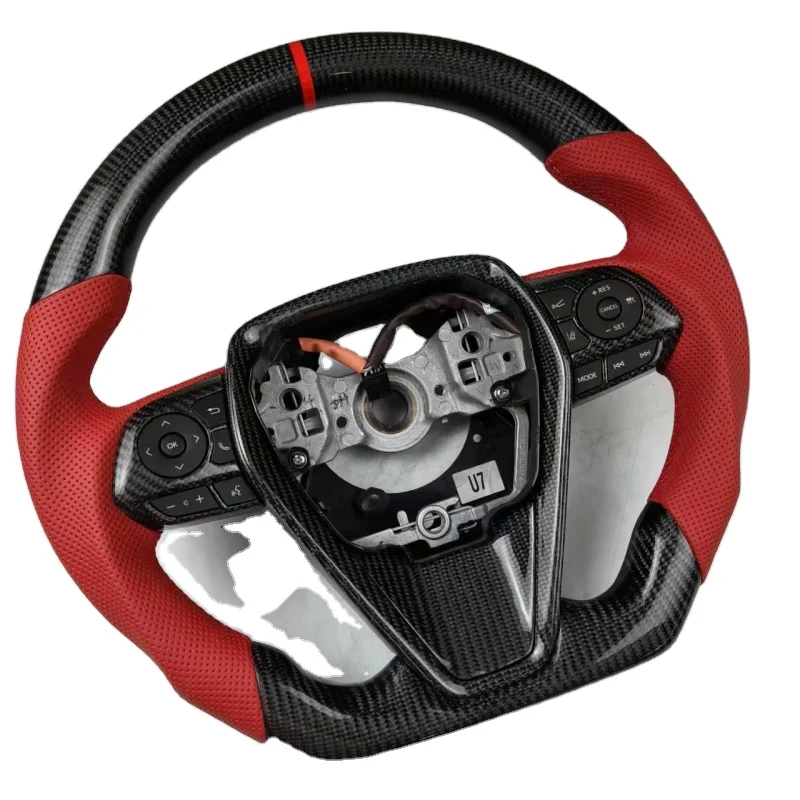 D-Shape Carbon Steel Sports Steering Wheel with Luxury Red Stitch Design Compatible with for Camry Corolla Land Cruiser