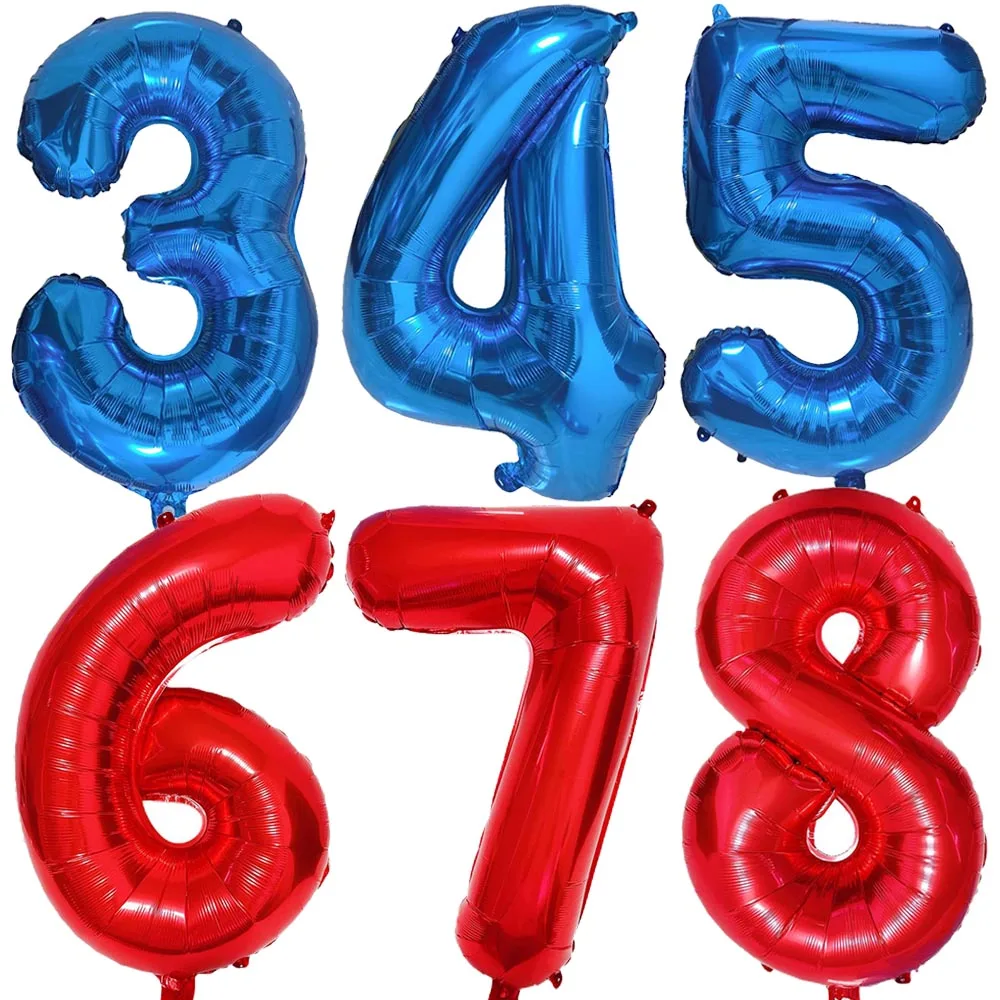بالونات أرقام مقاس 32 بوصة باللون الأزرق والأحمر 0-9 أرقام لحفلات أعياد ميلاد الأطفال ومستلزمات تزيين الحمام بالونات رقمية