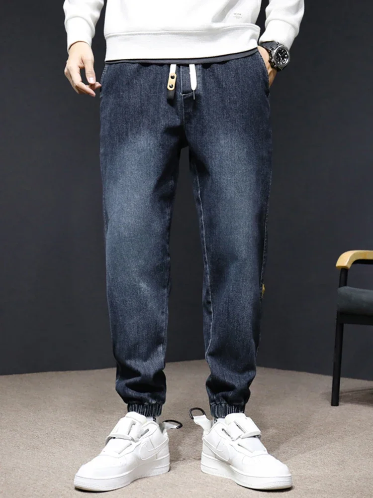 سراويل الرجال المربوطة بالقدم ، الركض الكاجوال ، بنطال رياضي من الدنيم ، بنطلون رجالي ، أزرق ، ملابس رمادية ، جديد ، خريف