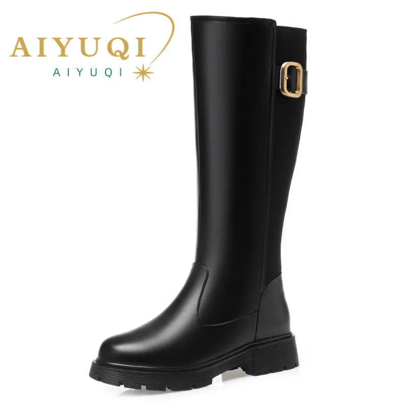 AIYUQI-Botas largas de piel auténtica para mujer, Botines altos de lana cálida, antideslizantes, de talla grande, para invierno, novedad de 2024