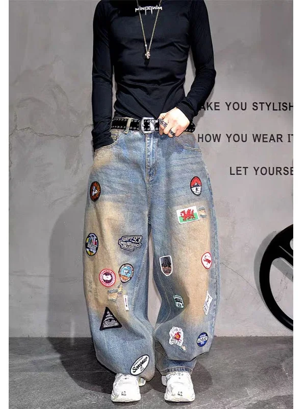 

Джинсы Street Sle American High Street с обильной вышивкой, свободного кроя, с широкими штанинами, джинсовые, в стиле Street Cool, длиной в пол...