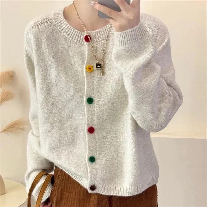 

Милый и свежий трикотаж с круглым вырезом и красочными пуговицами, универсальный свитер в академическом стиле в западном стиле, женские кардиганы