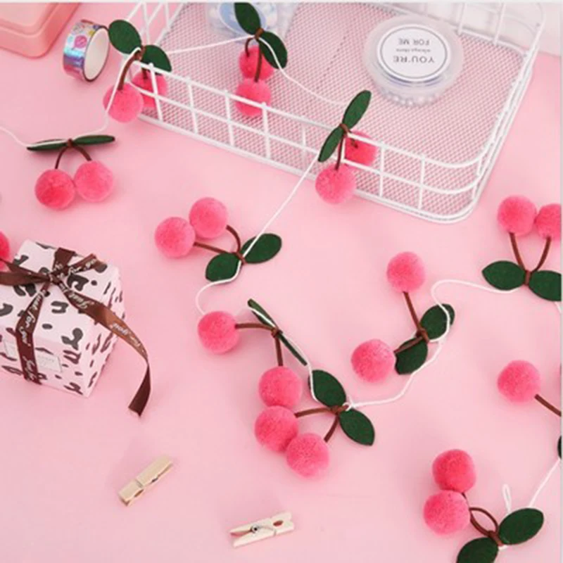 Cherry Felt Ball Handmade Garland String Wall Hanging Ornaments Hair Ball Pendant Kids Room Decoration Baby Shower Party Favor