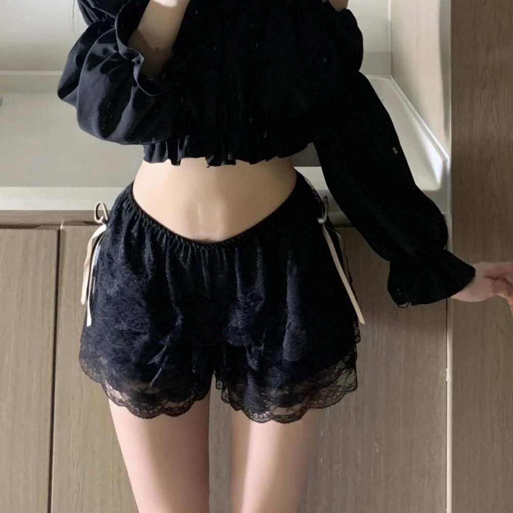 Short de sécurité Lolita JK tendance en dentelle avec nœud, anti-transparence, ample, à volants, multicouche, pour femme