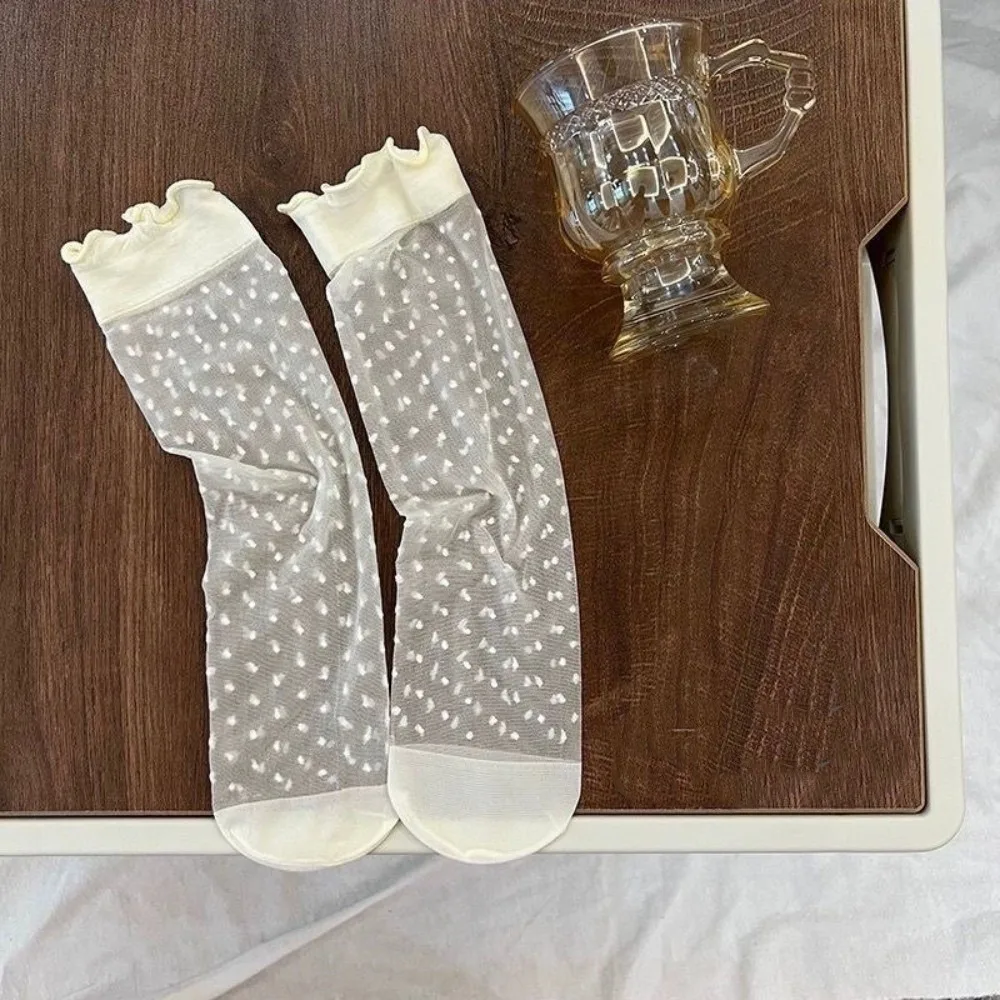 

Cute Ruffled Edge Lace Transparent Socks Breathable Ice Silk Ultra-Thin Socks Pile Up Lolita Mesh Thin Socks Lolita Style