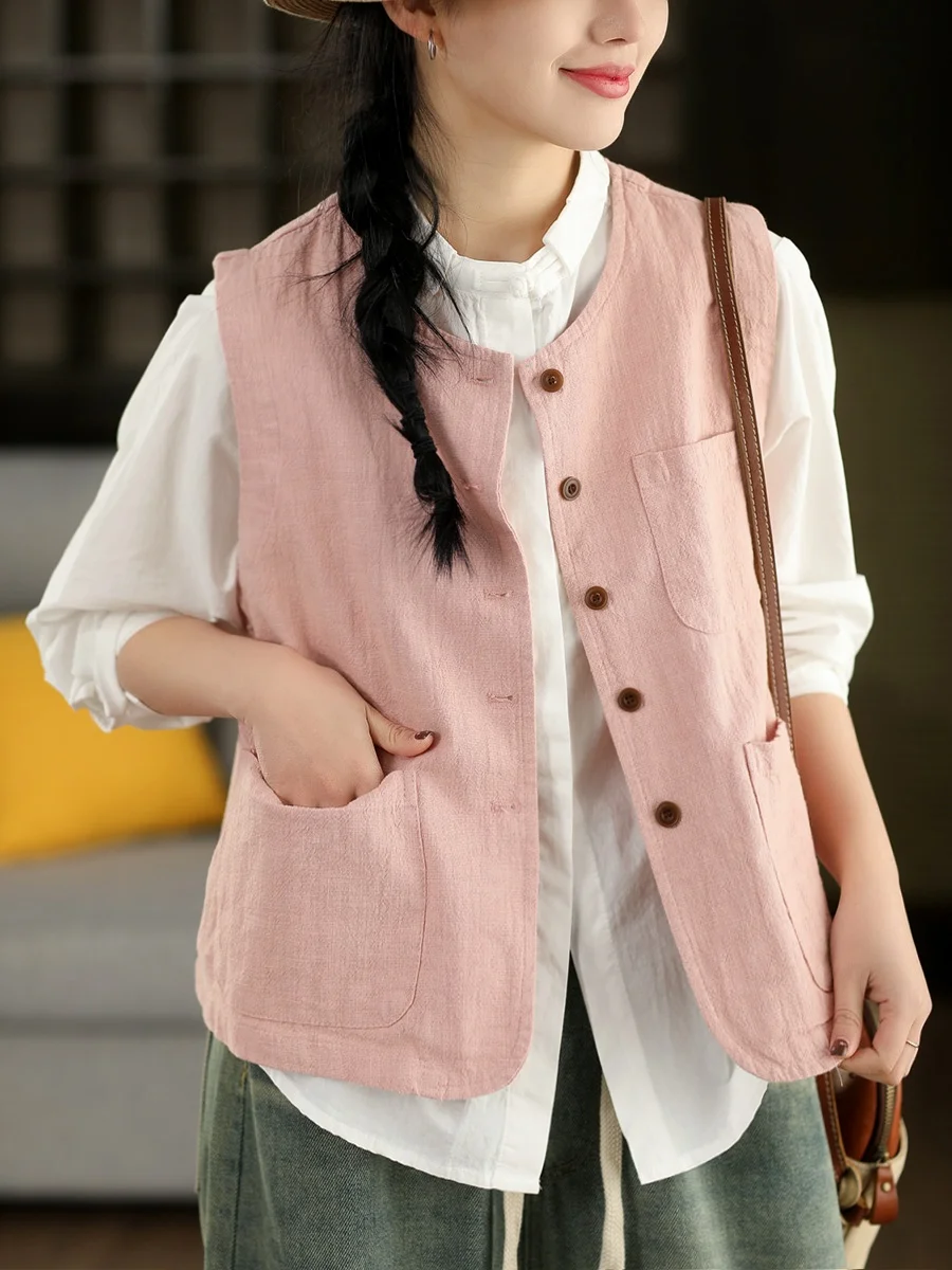 

Retro Washed 100% Linen Vest Jacket Women's Spring Style Artistic Sleeveless Vest Open Cardigan Top round Neck Single Button