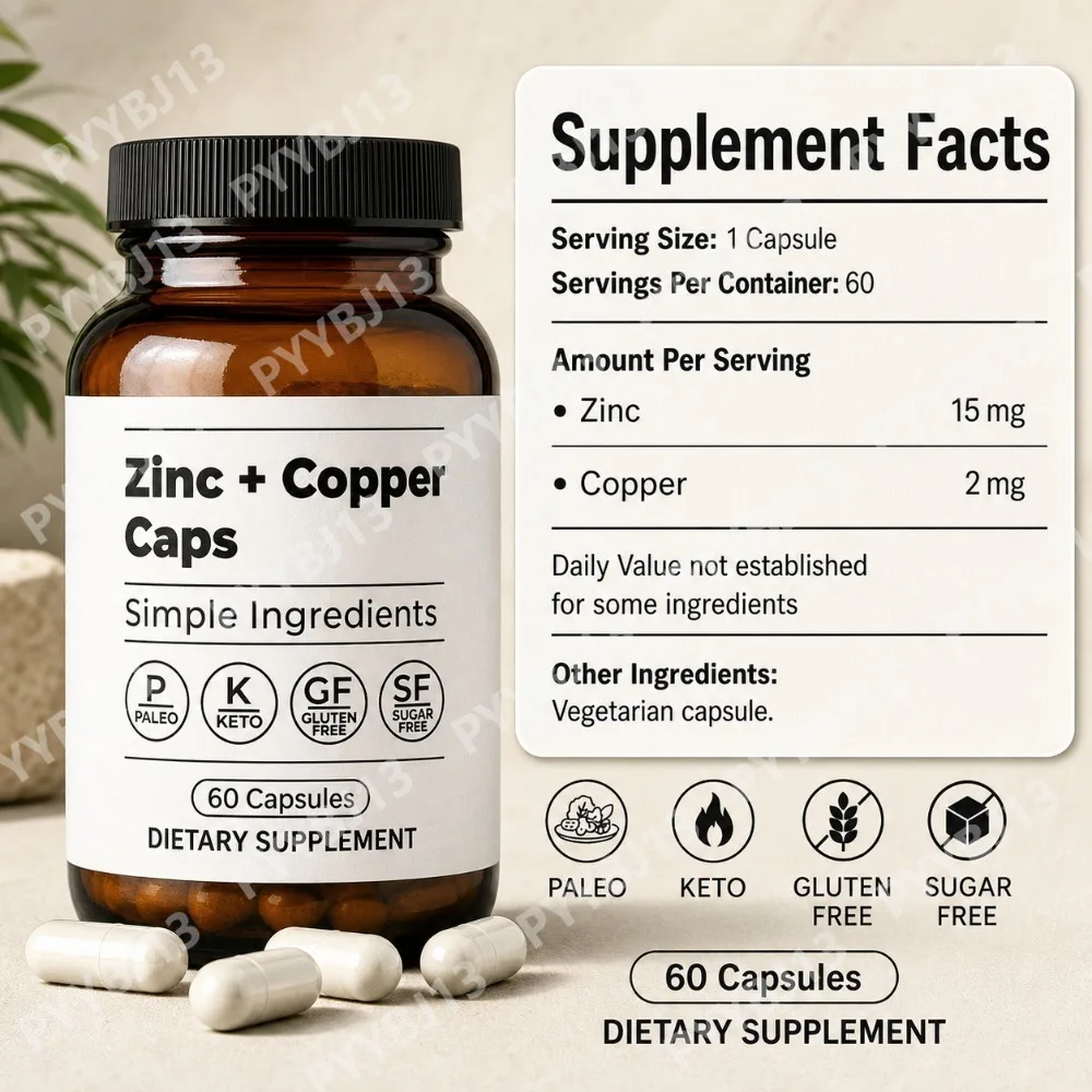 Zinc+Copper Caps Supports Skin Hormone Hair Immune System Health Daily Supplement for Men Women with Zinc L-Methionine Copper