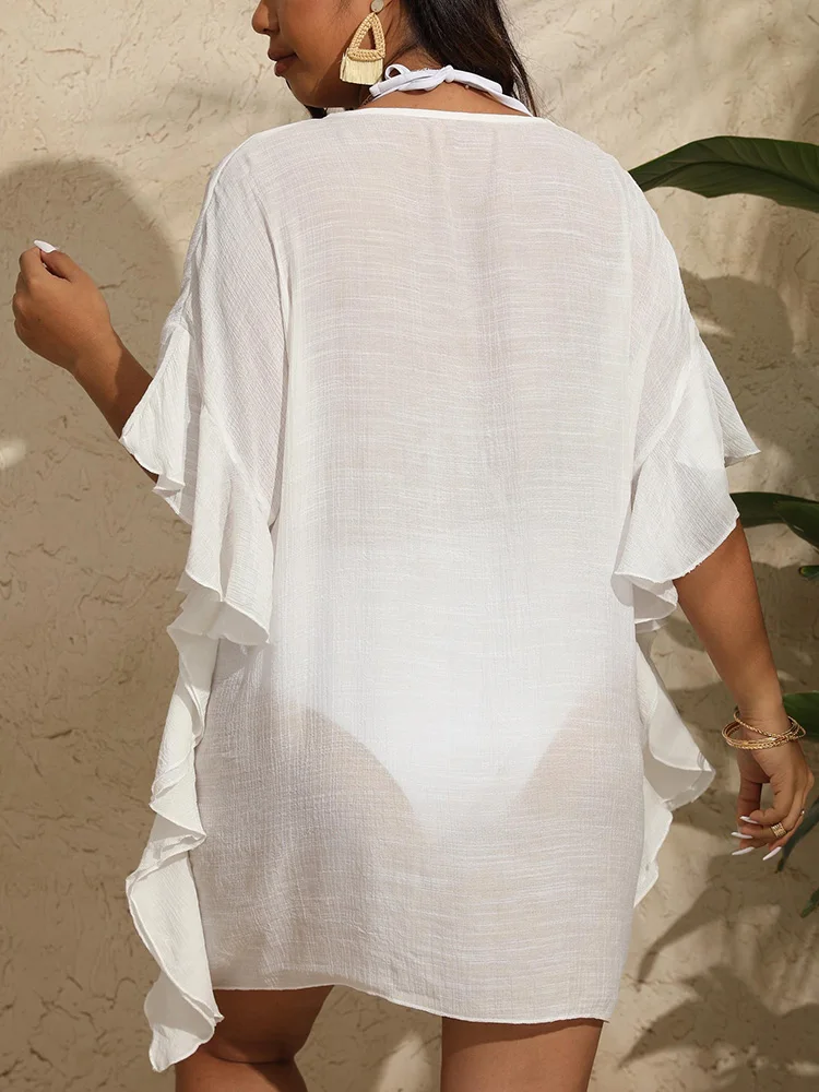 GIBSIE Plus Size White Ruffle Trim Beach Dress Women 2025 Summer V-neck Loose Tunic See-Through Bikini Cover Up Female Swimwear