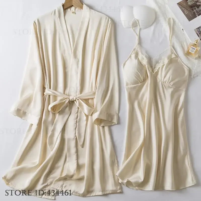 

Female Twinset Robe Set Nightgown Spring Summer New Sleepwear Home Dressing Gown Sexy Lace Nightdress Kimono Bathrobe Gown