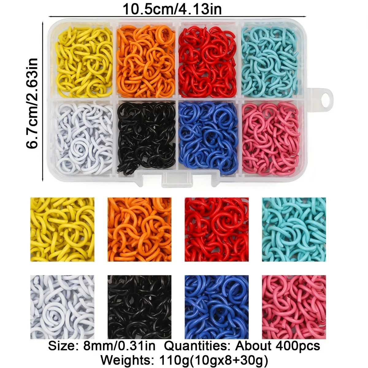 400PCS 8mm Colourful Baking Paint Metal Open Rings DIY Kit Box For Bracelet Necklace Jewelry  Chain Connector Making Accessories