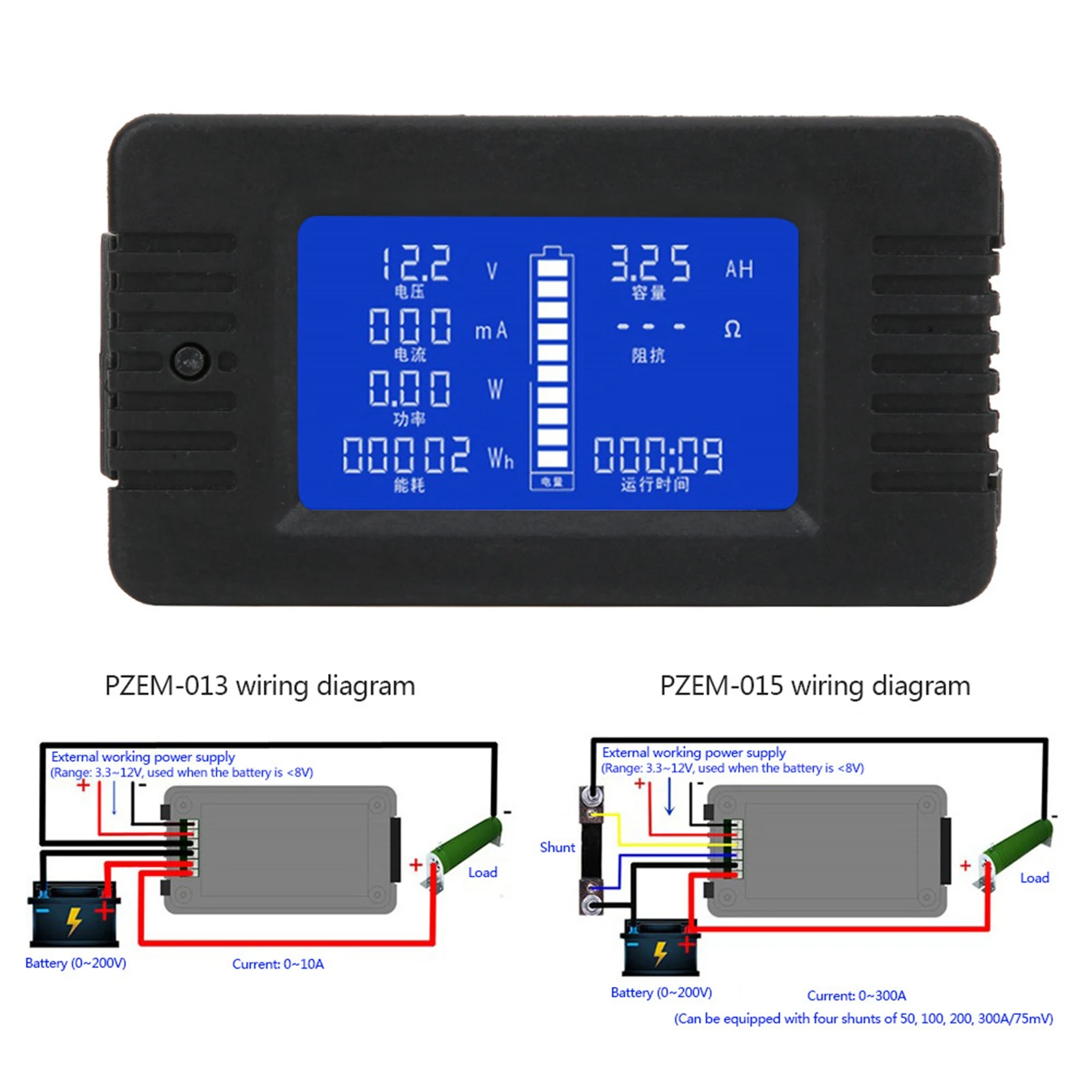 Battery Monitor PZEM-015 Multifunctional Battery Meter LCD Digital Display Battery Test Detector with 300A Shunt Battery Tester