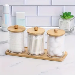 4 pcs/set ,3 swabs/balls/pads holder with 1 dresser bamboo tray, apothecary jar with bamboo lid, clear bathroom container