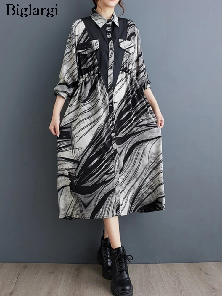 

Chiffon Autumn Midi Shirt Dress Women Striped Graffiti Print Modis Long Sleeve Ladies Dresses Casual Loose Woman Oversized Dress