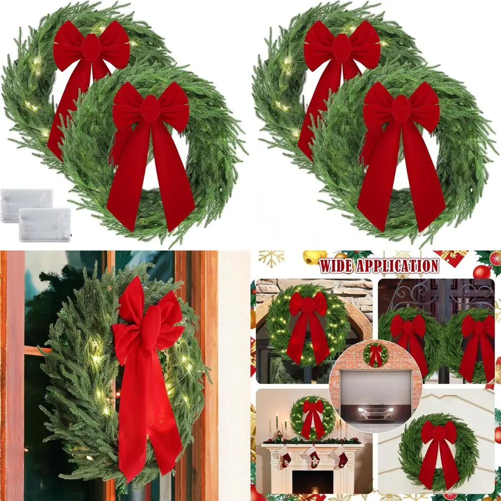 

20 Lighted Christmas Norfolk Pine Wreaths, Artificial Green with Red Bows, LED-lit for Door, Wall, Mantle, Outdoor Decor