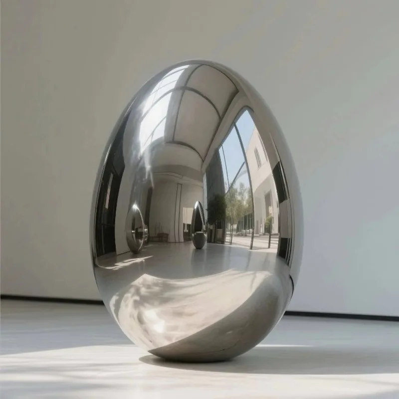 Outdoor garden decoration, giant mirror egg statue, large metal modern, artistic egg shape