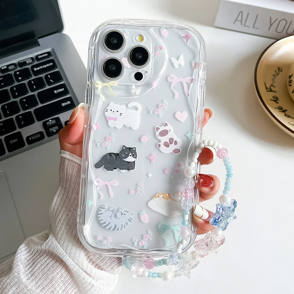 Cute Cat Wrist Chain Phone Case For Redmi Note 13 12 11 9 8 Pro 9A 9C 10A 10C 13C Pro Soft Silicone Hang Strap Lanyard Cover