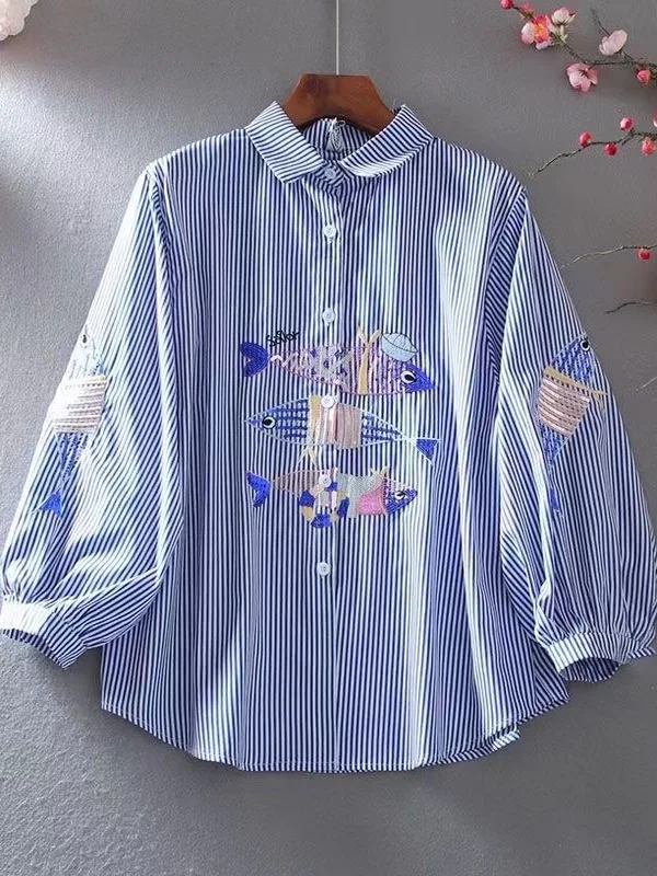 

Повседневный свободный женский топ-фонарь Sve irt, лето 2022, новинка Sle, корейская версия, модный полосатый топ из смеси хлопка с вышивкой