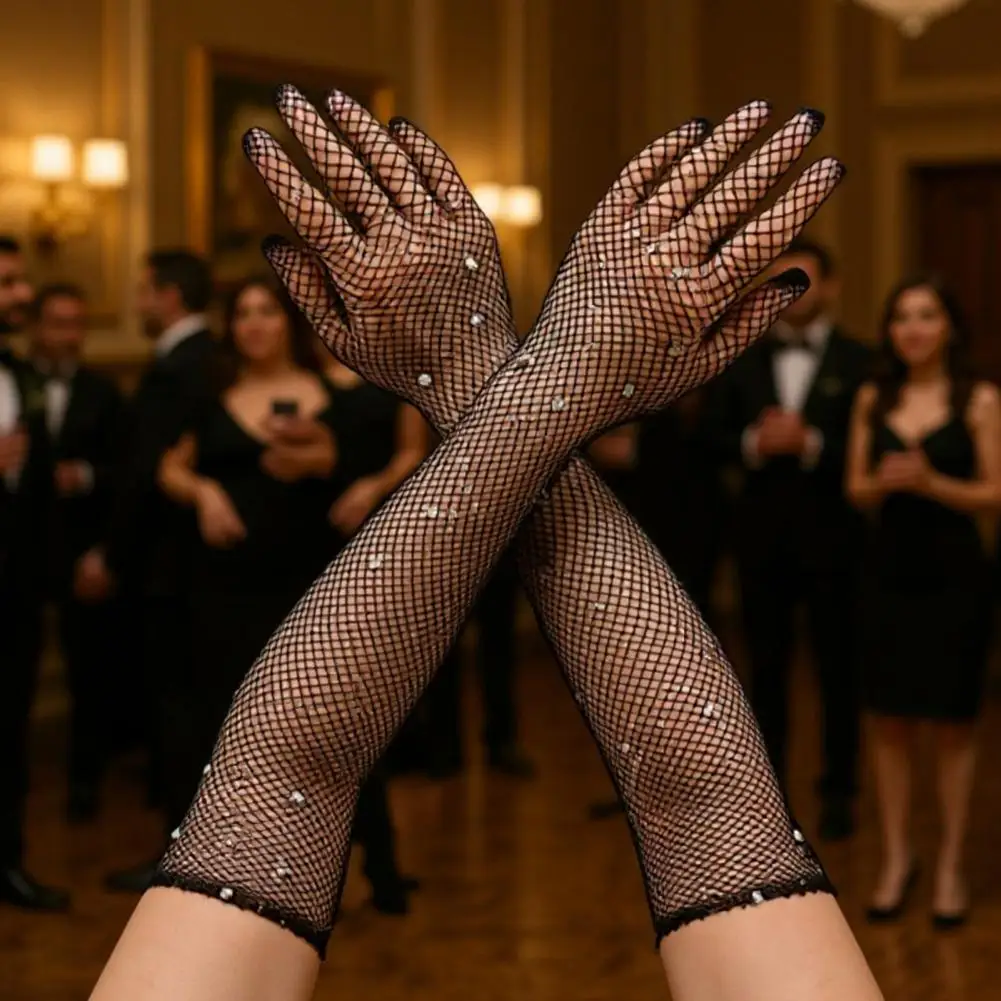 قفازات شبكية متألقة من حجر الراين اللامع قفازات شبكة صيد السمك للنساء قفازات شبكية بطول الكوع لزي حفلة الهالوين #1