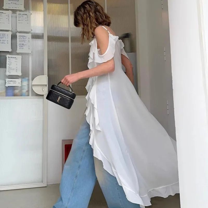 ผู้หญิงฤดูร้อนชีฟองลูกไม้ SHEER สีขาว Ruffles Slit V คอสายรัดปิดไหล่ Elegant ภาษาฝรั่งเศสคําหวานยาว Maxi ชุดชายหาดสบายๆ