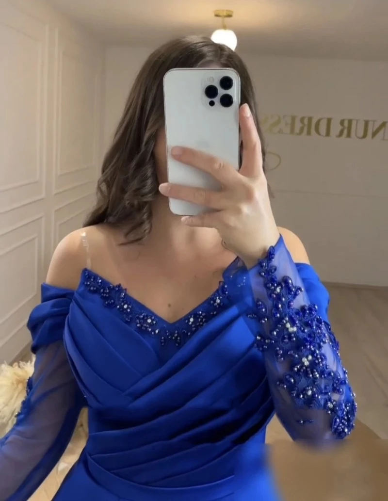 Vestidos de Noche Azul Real para mujer, vestidos de noche con hombros descubiertos, mangas largas, brillantes, cuentas de cristal, formales, para fiesta de noche