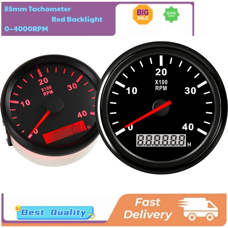 

Cars 85mm Tachometers Gauges 0-4000RPM Boat Rev Counters Black Revolution Meters with Hourmeters and Red Backlight 9-32vdc