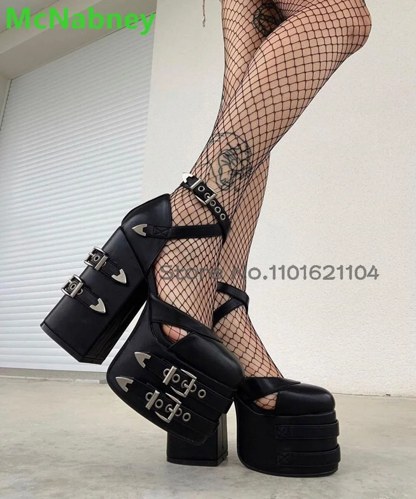 Black Buckle Design Platform Pumps For Women 2024 New Square Heel Round Toe Leather Fabric Ankle Strap Solid Sexy Fashion Shoes