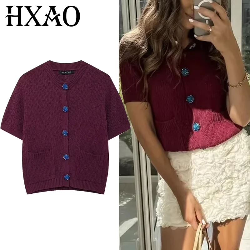 

HXAO новый вязаный кардиган для женщин, осенняя куртка с короткими рукавами и ювелирными пуговицами, элегантные укороченные свитера, вязаный женский кардиган 2024