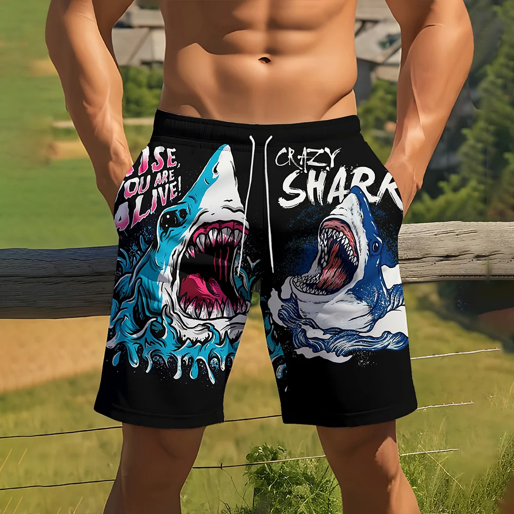 2025 Vacation Hawaiian Men's Beach Shorts Summer Breathable Quick Dry Elastic Waist Shorts Plus Size Shark Graphic Print Shorts