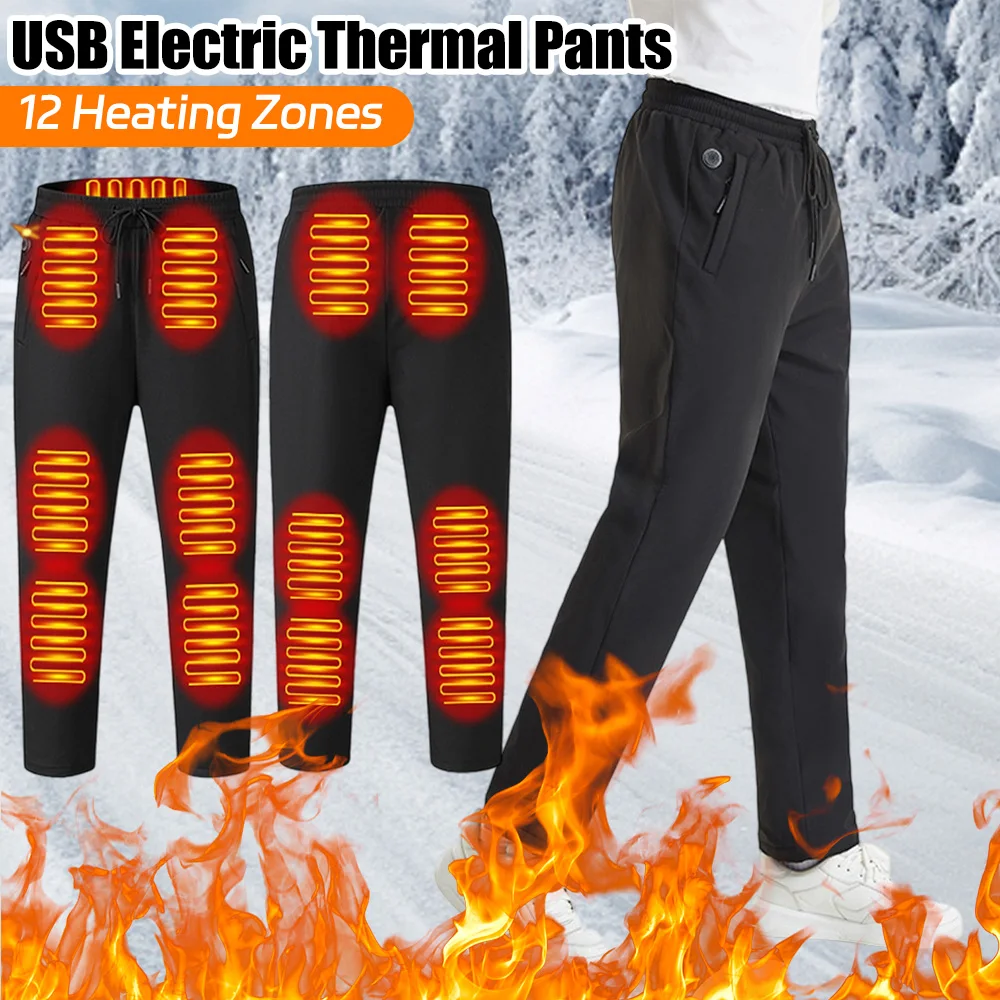 Pantalones calefactables eléctricos USB, 12 áreas de calefacción, pantalones térmicos calefactables de invierno, calentador inteligente, perfecto para esquiar, snowboard y senderismo