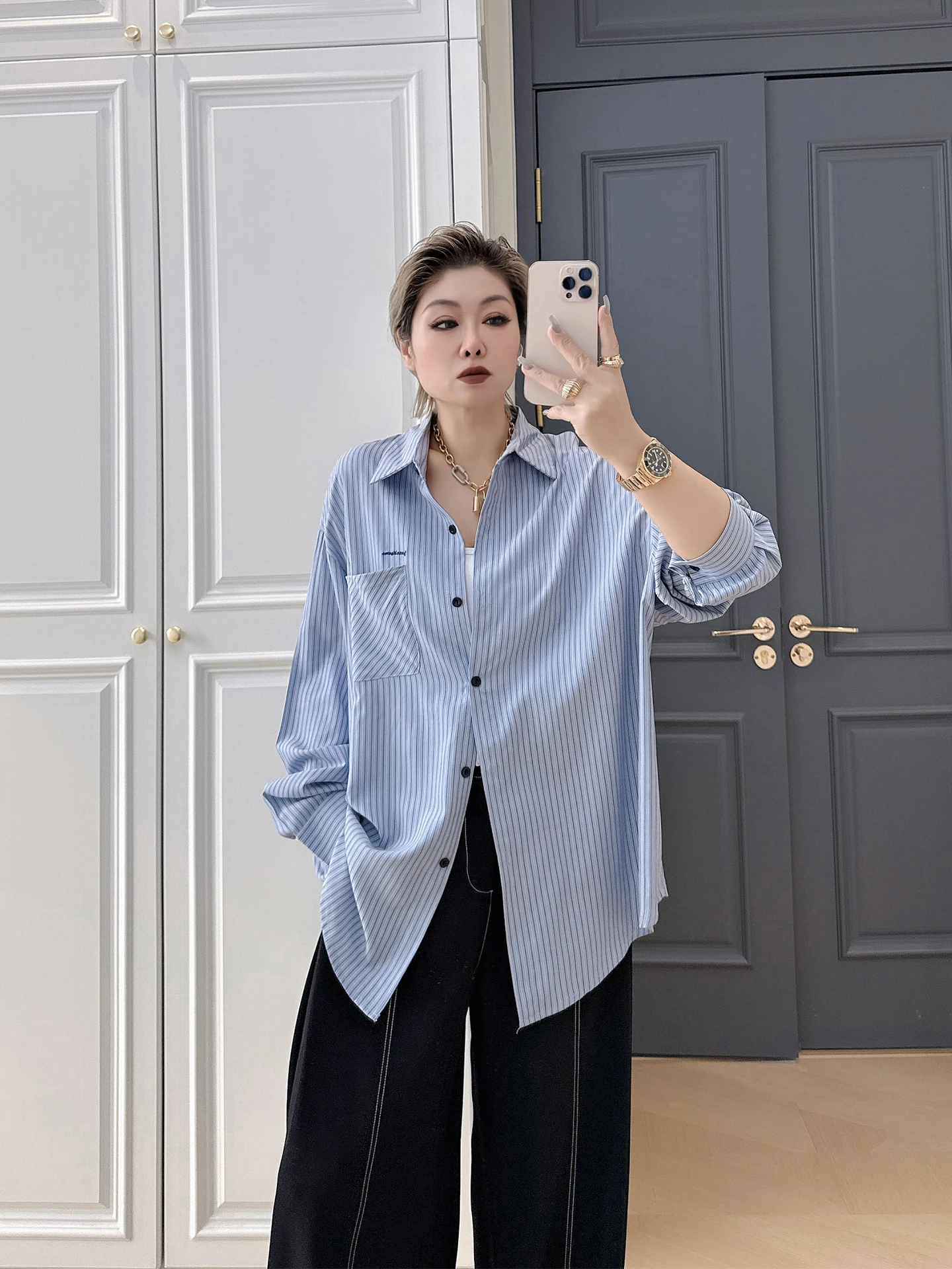 Camicetta a Righe a Maniche Lunghe da Donna Taglie Forti, Ricamata, Elegante, Vestibilità Ampia, Top da Lavoro per Donne Curvy