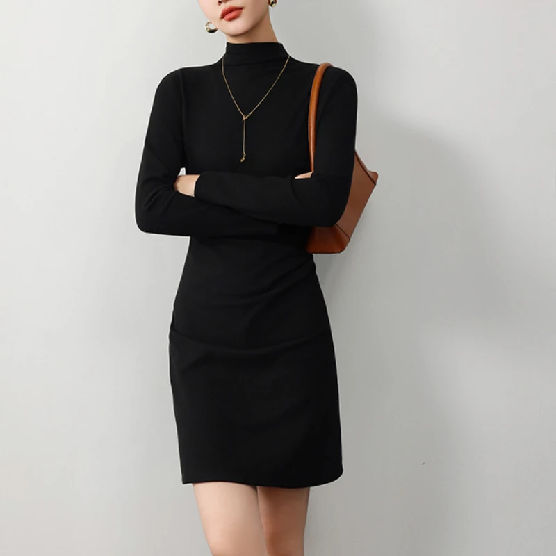 2024 Autumn Winter Women New Style Double Side Brushed Derong Knitted One-piece Solid Mid-length A Half-high Round Neck Dress