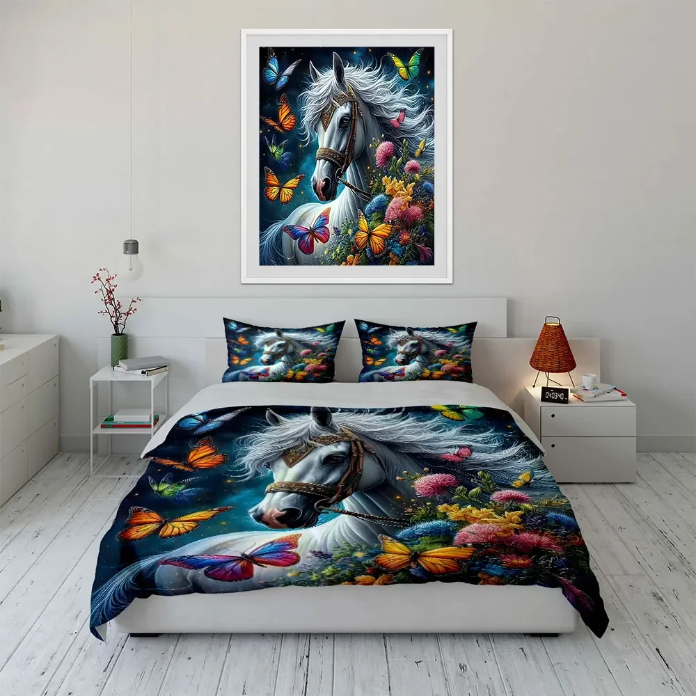 Elegant Horse Butterfly Artwork Decor Multiple sizes kid's and adults' bedroom Exquisite 3PC bedding set, gift
