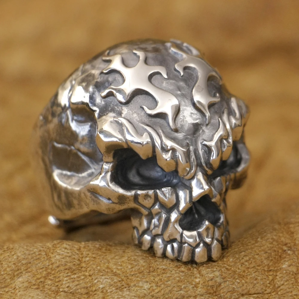 925 Sterling Silver Huge Fire Skull Punk Ring TK426 Open US Size 8~15 BZ