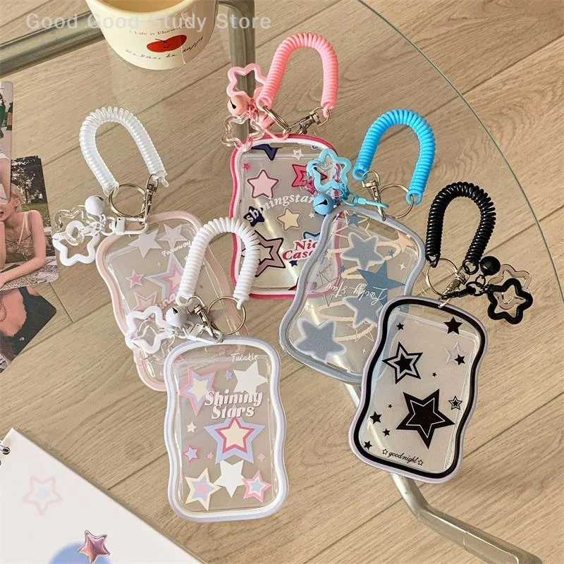 Sweet Star Photocard Holder Idol Photo Storage Display Card Holder With Spring Rope Bell Pendant ID Card Protective Case Keyring