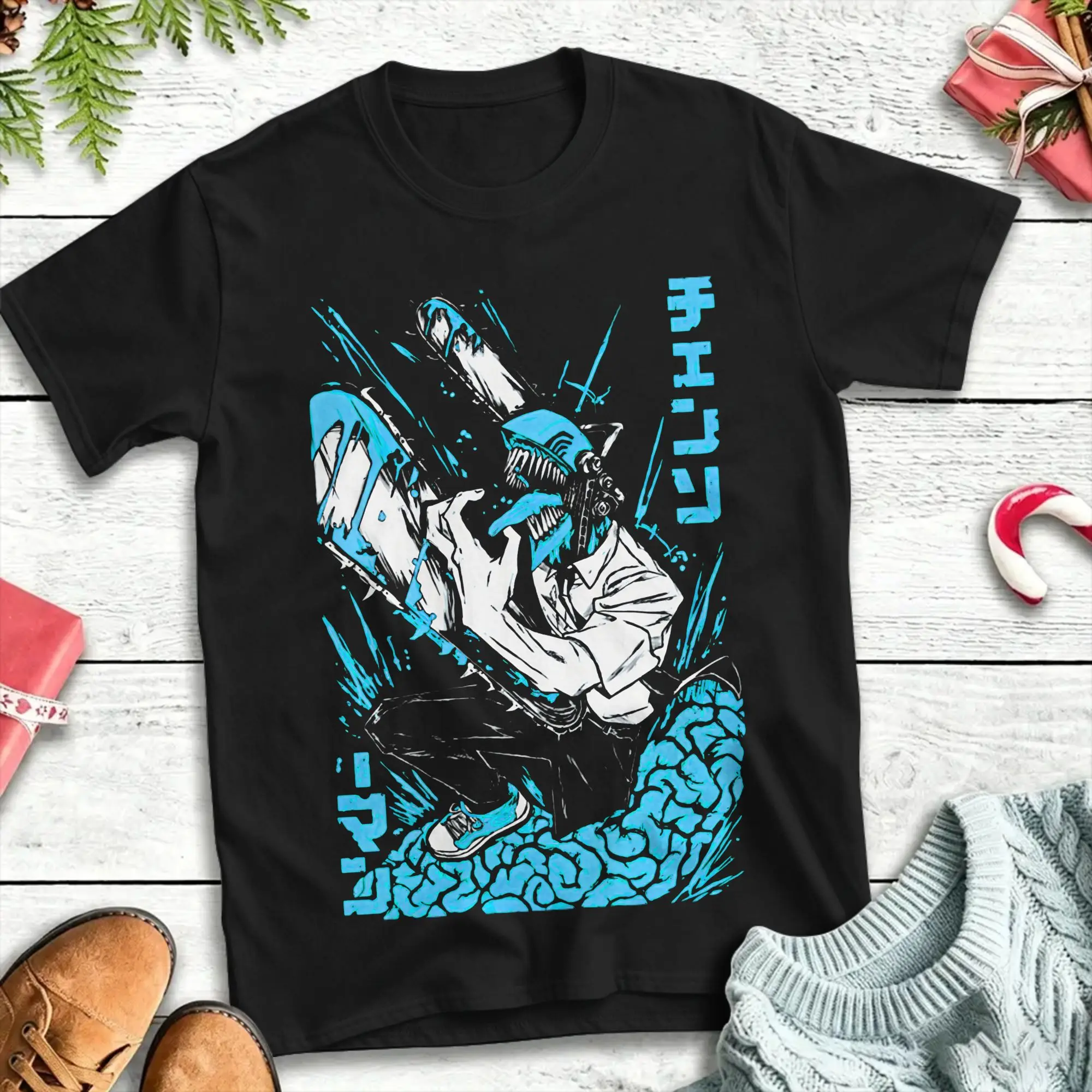 Denji Blue Chainsaws Man T-Shirt For Men Women Cotton Tops Shirts Funny Manga Makima Pochita Round Neck Short Sleeve