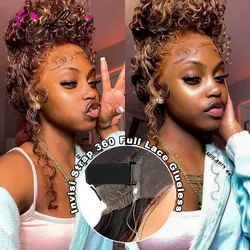 Water Wave 4/27 Highlight Invisi Strap 360 Full Lace Glueless Wig HD Skin Lace Frontal Wig Glueless Human Hair Deep Curly Wigs