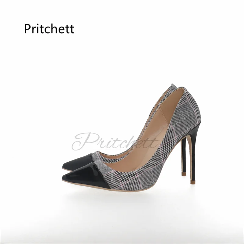 

Patent Leather Striped Patchwork High Heels Pointed Toe Shallow Stiletto Women's Pumps Dress Party Office Wedding Shoes Autumn