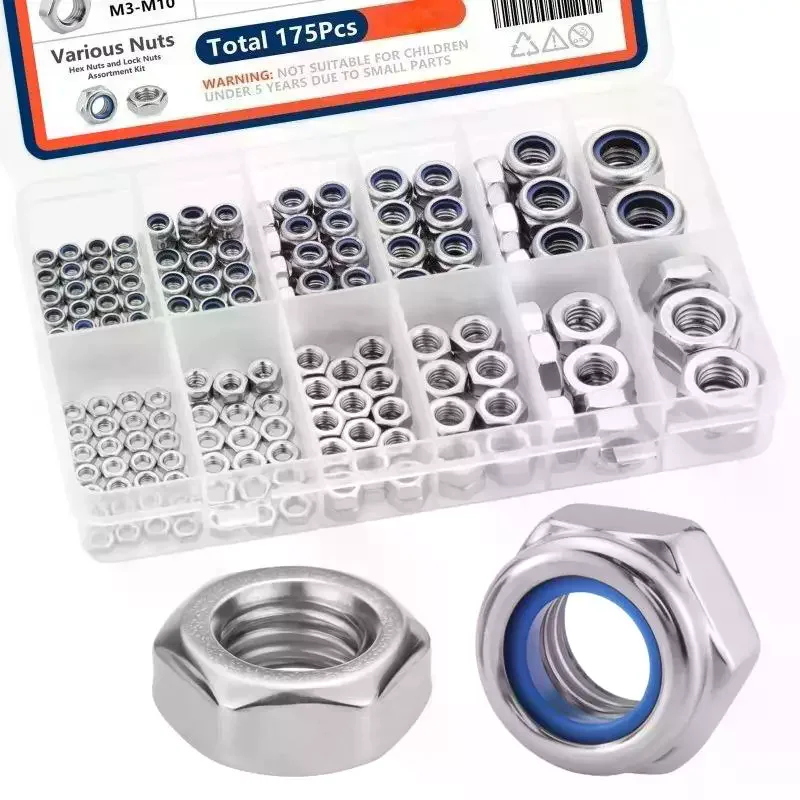 175 Pcs Stainless Steel Locknuts Hex Nuts Assortment Kit, M3 M4 M5 M6 M8 M10 Metric Nylon Insert Lock Nut Set for DIY Repair