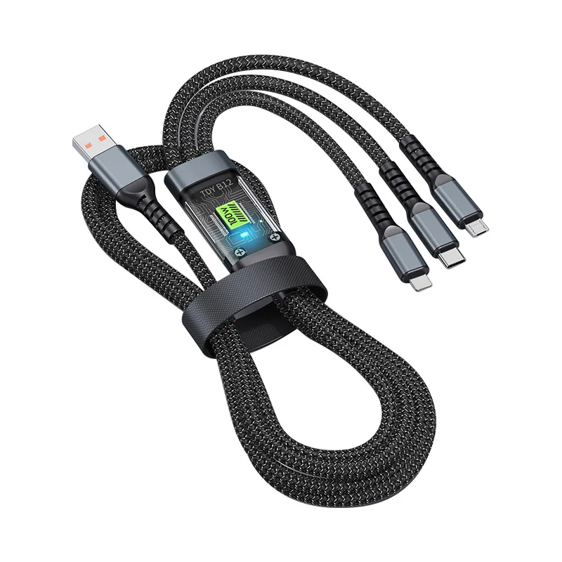 Sukflow New 100W 5A Super Fast Charging USB C Type 3-in-1 Data Cable With Light For IPhone Samsung Huawei Fast Charging Cords