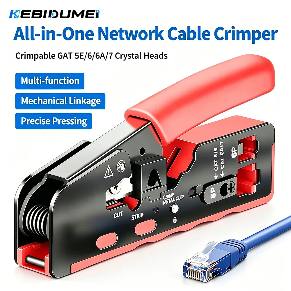Kebidumei RJ45 Crimp Tool Kit CAT7 Cat6 Cat5 Cat5e 8P6P Crimping Tool Connector Wire Stripping All-in-1 Cable Crimper with Blade